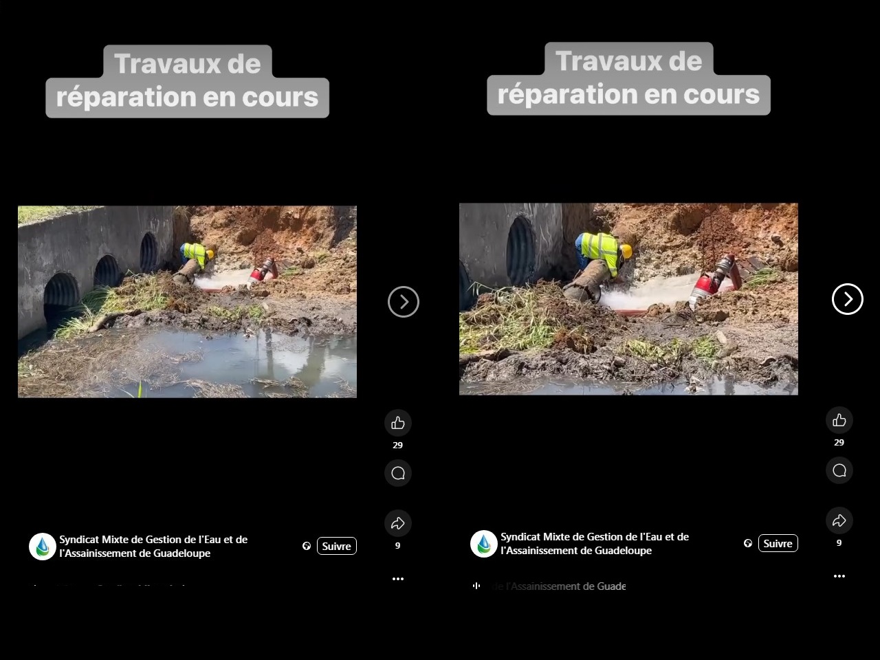 Une rupture sur la canalisation au niveau du Raizet aux Abymes est réparée le 17 mai 2024. Photo : SMGEAG