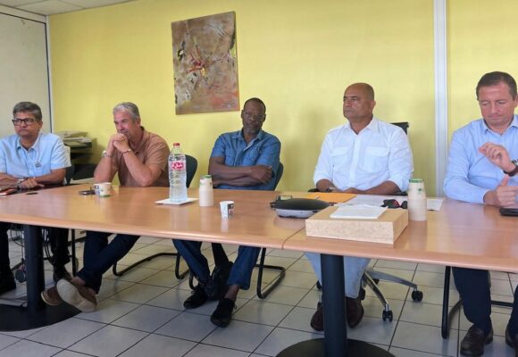 À gauche José Gaddarkhan (président de la Fédération du BTP), 2e en partant de la droite Franck Desalm (président des MPI), lors de la conférence de presse d'alerte sur la taxe carbone européenne (MACF), le 28 novembre à Jarry. Ils dénoncent une « catastrophe annoncée » pour l'économie guadeloupéenne. Photo : Le Courrier de Guadeloupe À gauche José Gaddarkhan (président de la Fédération du BTP), 2e en partant de la droite Franck Desalm (président des MPI), lors de la conférence de presse d'alerte sur la taxe carbone européenne (MACF), le 28 novembre à Jarry. Ils dénoncent une « catastrophe annoncée » pour l'économie guadeloupéenne. Photo : Le Courrier de Guadeloupe